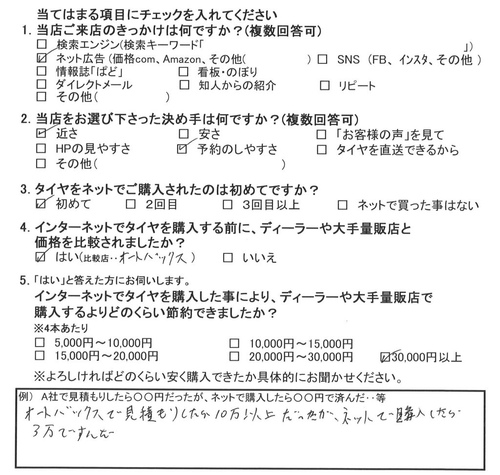 ホンダ オデッセイのタイヤ交換 お得な事例｜約6万円のお得 アンケートの画像です